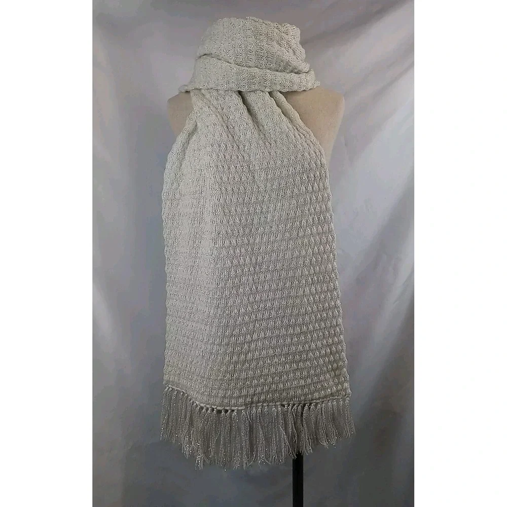 Vintage Fringed Scarf Ivory Cream Color & Silver‎ Sparkles Shawl Women's Wrap